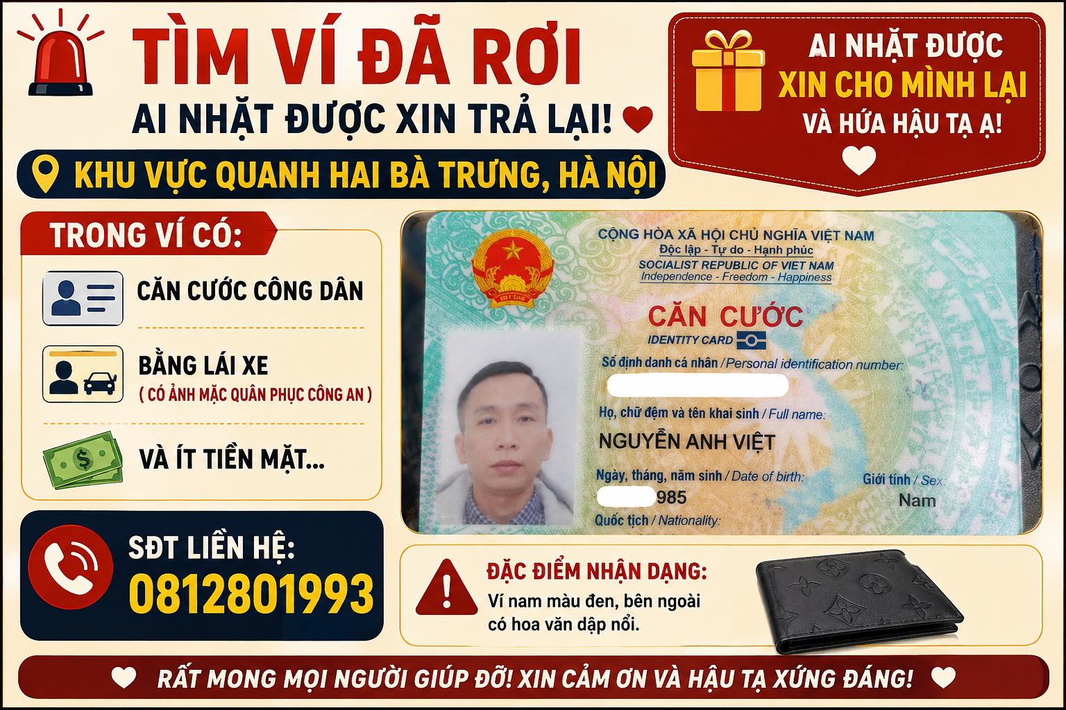📌rơi ví tại Hà Nội tên Nguyễn Anh Việt 1985