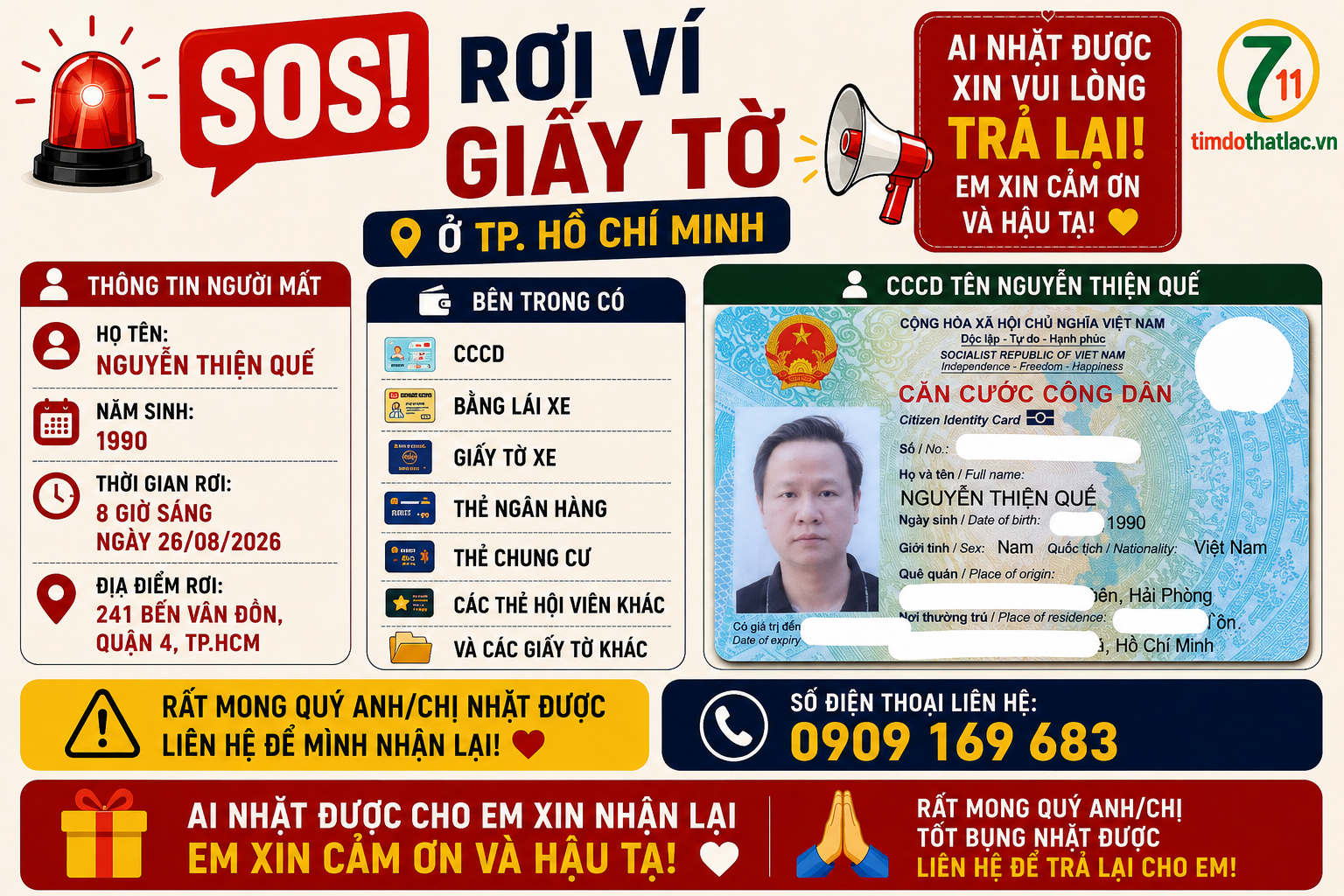 🆘 Rơi ví giấy tờ ở TPHCM tên Nguyễn Thiện Quế - 1990 