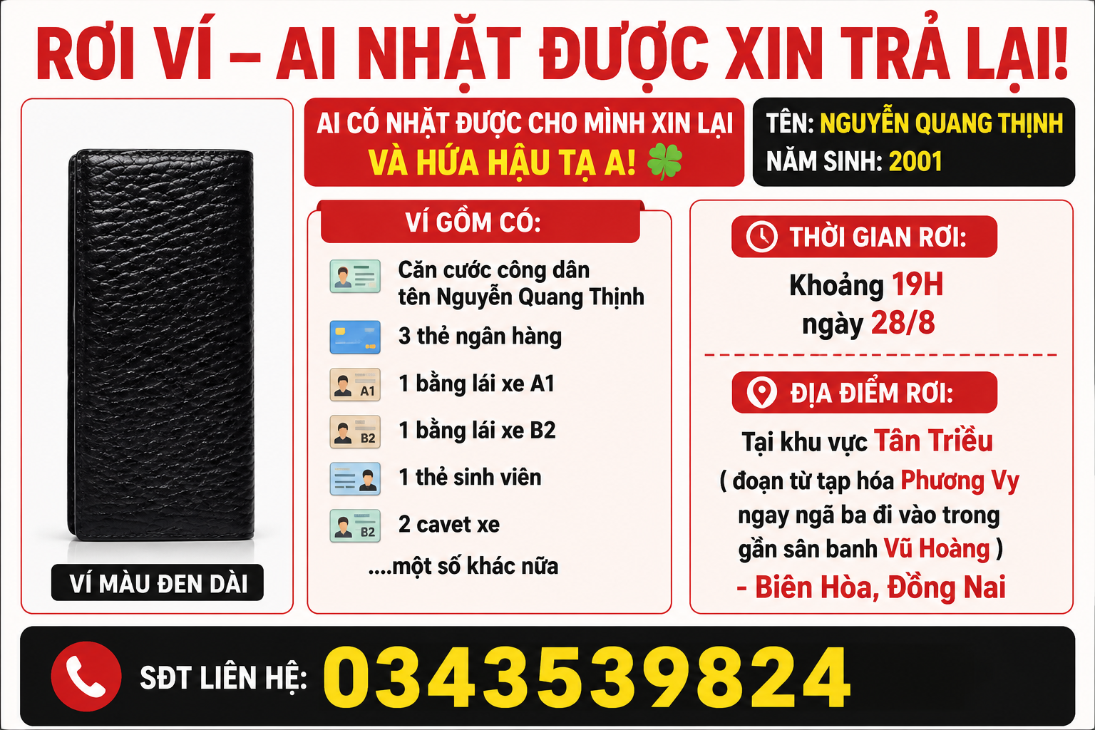 📌 rơi ví tại Đồng Nai tên Nguyễn Quang Thịnh 2001