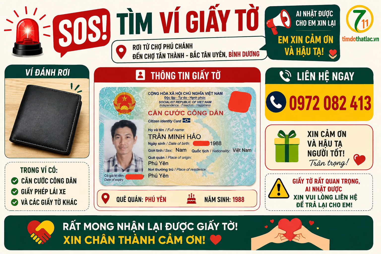 🛑 [ BÌNH DƯƠNG ] Rơi ví giấy tờ tên TRẦN MINH HẢO 1988 quê Phú Yên