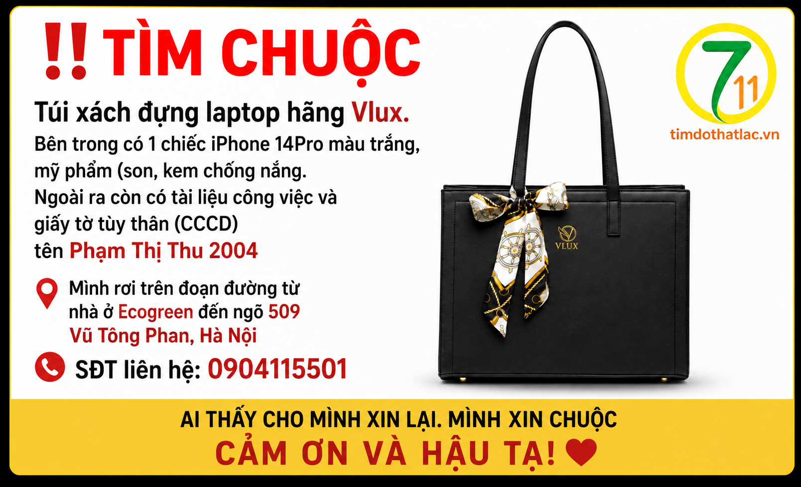 Tìm chuộc túi xách tên Phạm Thị Thu 2004 thất lạc ở Hà Nội