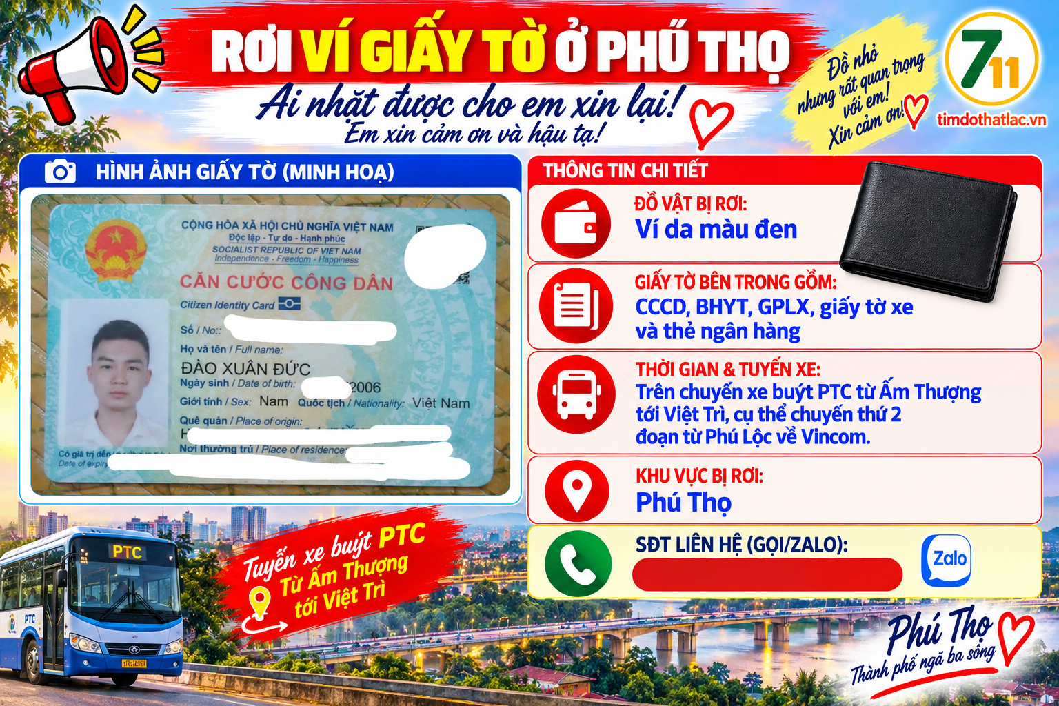 🆘 Rơi ví giấy tờ ở Phú Thọ tên Đào Xuân Đức 2006