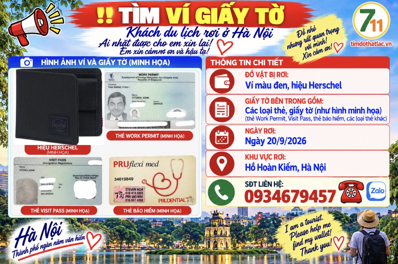 🆘 TÌM VÍ GIẤY TỜ khách du lịch rơi ở Hà Nội