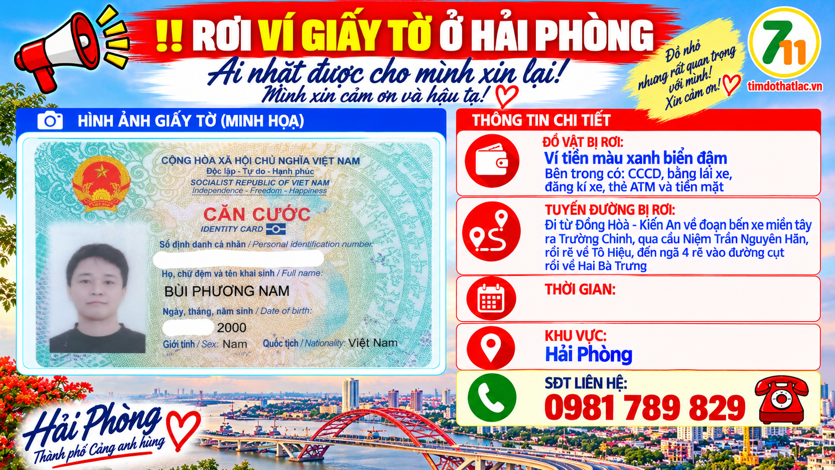 🆘 RƠI VÍ GIẤY TỜ Ở HẢI PHÒNG TÊN BÙI PHƯƠNG NAM 2000