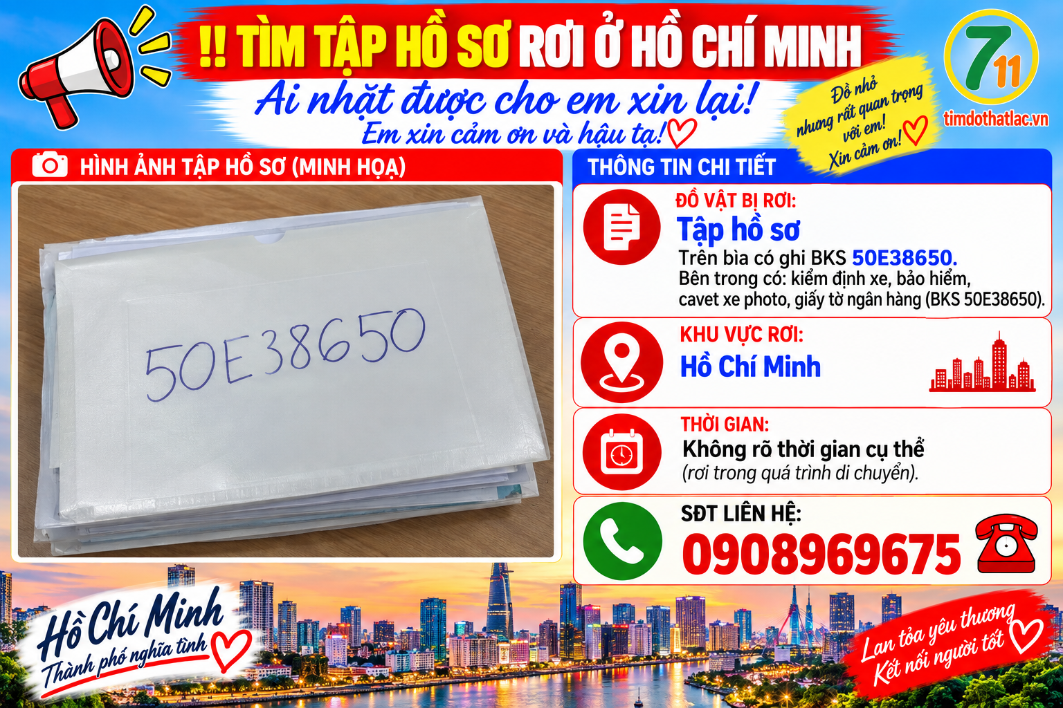 Tìm tập hồ sơ bks 50E38650 rơi ở Hồ Chí Minh
