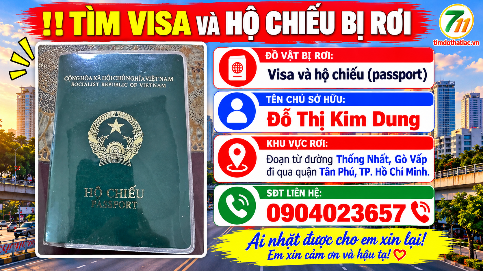 Rơi visa và hộ chiếu ở Hồ Chí Minh tên Đỗ Thị Kim Dung