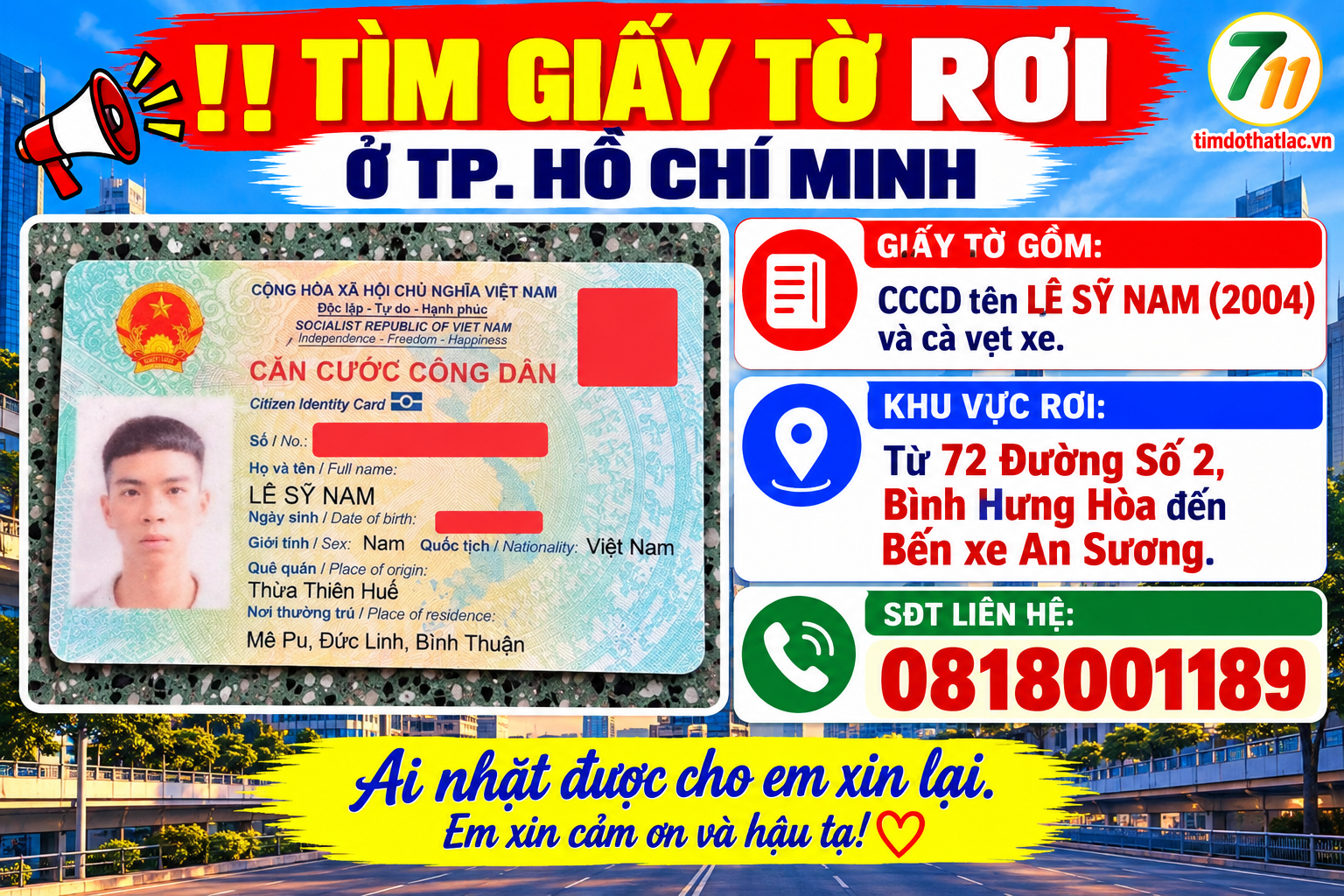Rơi giấy tờ ở Hồ Chí Minh tên Lê Sỹ Nam 2004