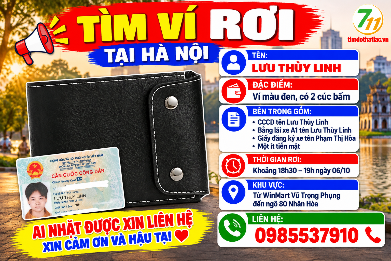 📌 rơi ví tại Hà Nội tên Lưu Thùy Linh