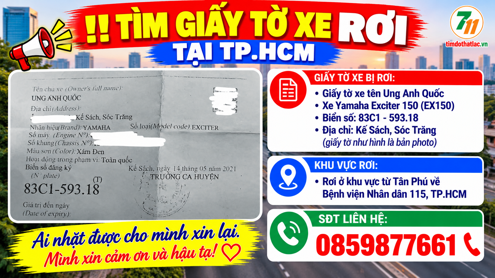 📌 rơi giấy tờ xe tên Ung Anh Quốc