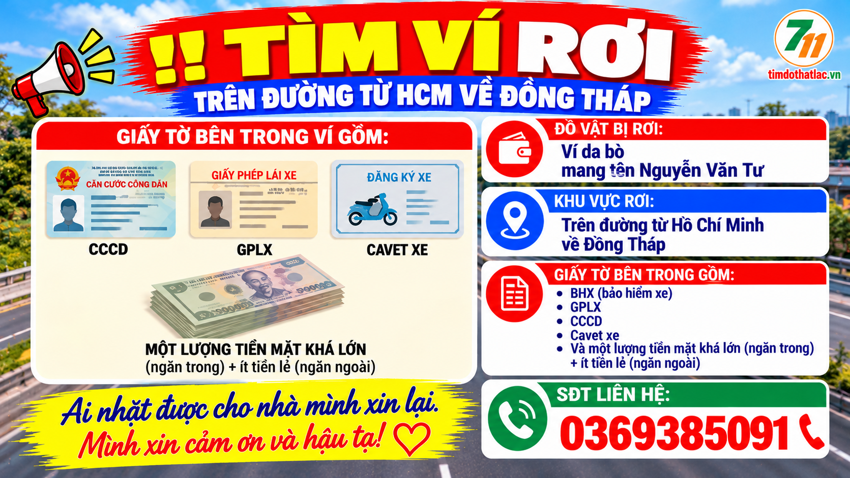 📌 rơi ví da bò tên Nguyễn Văn Tư trên đường từ HCM về Đồng Tháp