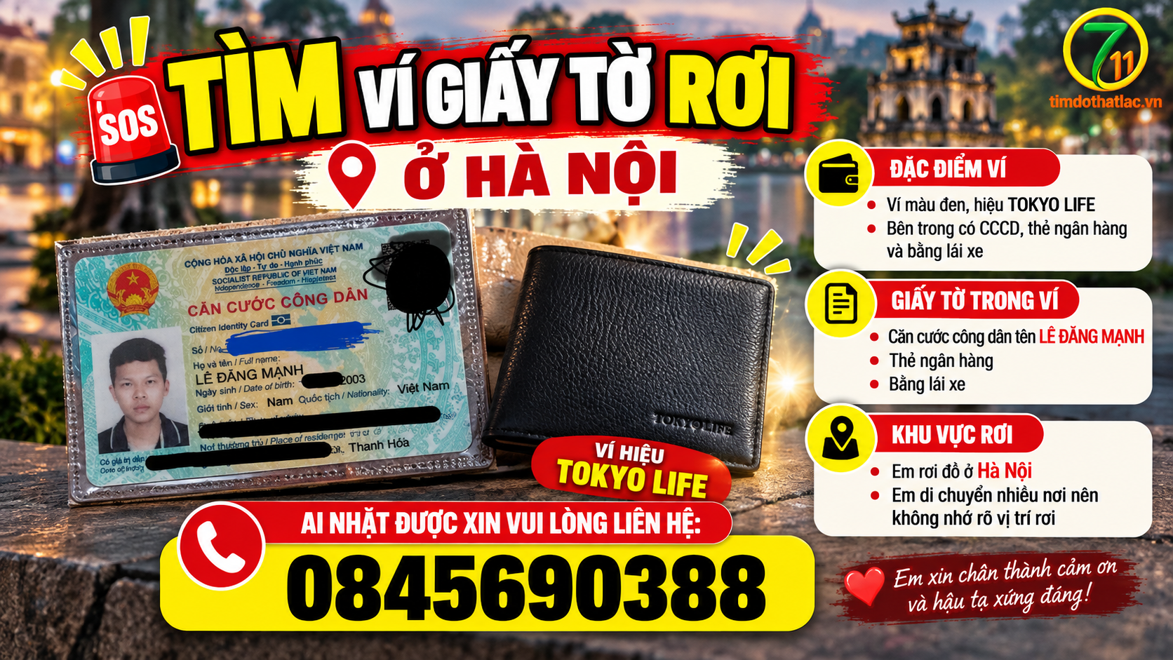 🆘 TÌM VÍ GIẤY TỜ RƠI Ở HÀ NỘI TÊN LÊ ĐĂNG MẠNH 2003